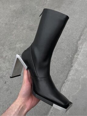 Heliot Emil Black Leather Mid-Calf Boots with Angular Silver Heel